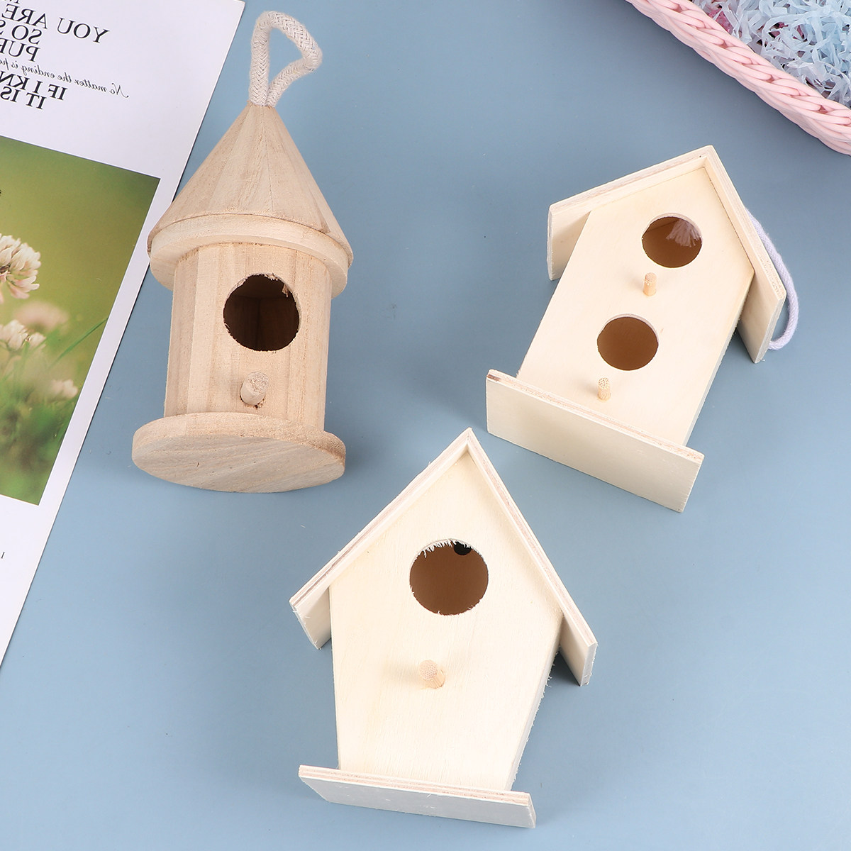 Photography Yellow Light - 3-teiliges Vogelnest-Ornament-Set aus Holz, natürlich hellgelb,