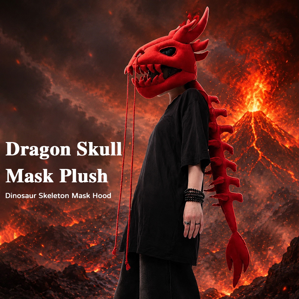 Photography Style - Drachen-Schädel-Säulen-Plüschhaube Lange Dinosaurier-Skelett-Kopfmaske Cosplay-Party-Kopfbedeckung für Halloween-Kostüm